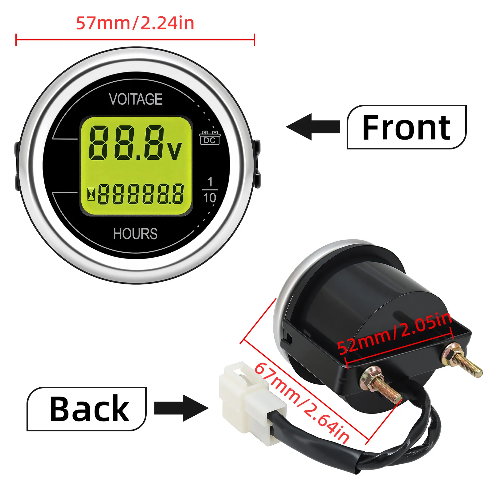 2'' 52MM 2 In 1 Car Voltage + Hour Display Gauge LED Digital Meter Waterproof Voltmeter Round Voltage Meter Volt Detector 12V24V thumbnail 2