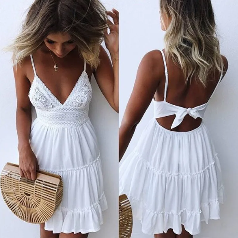 Trend Elegant Solid Color Hook flower hollow Tie Backless Dress Sexy Lace Strap Splicing Pleated Dresses Seaside Vocation