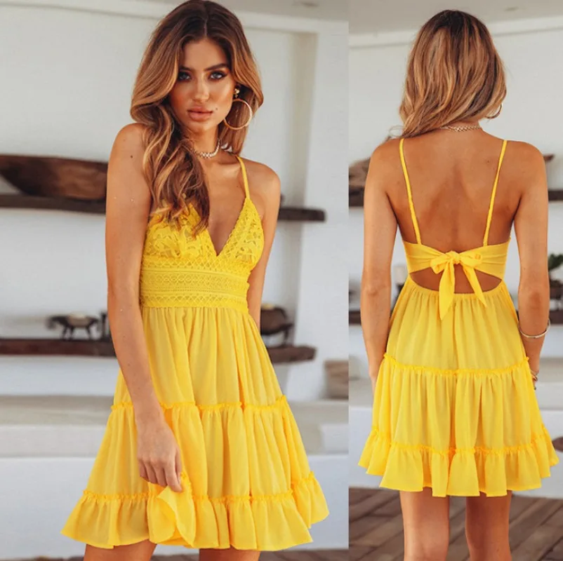 Trend Elegant Solid Color Hook flower hollow Tie Backless Dress Sexy Lace Strap Splicing Pleated Dresses Seaside Vocation thumbnail 5