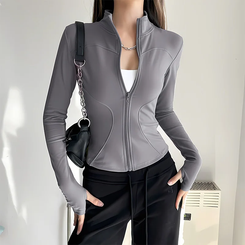Women's Slim Beautiful Yoga Suit Spring Autumn Quick Dry Long Sleeve Sports Jacket Waist Cinching Outdoor Running Fitness Workou