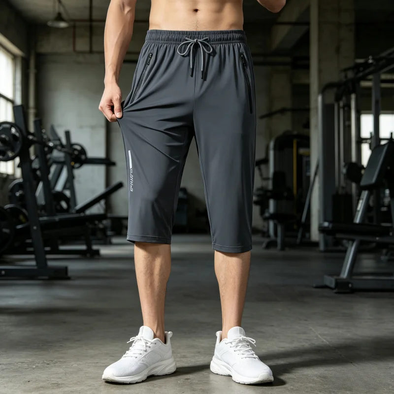 Men's Ice Silk Capri Shorts Plus Size Quick-Dry Elastic Waistband Letter Print Zipper Pockets Sports Pants thumbnail 4