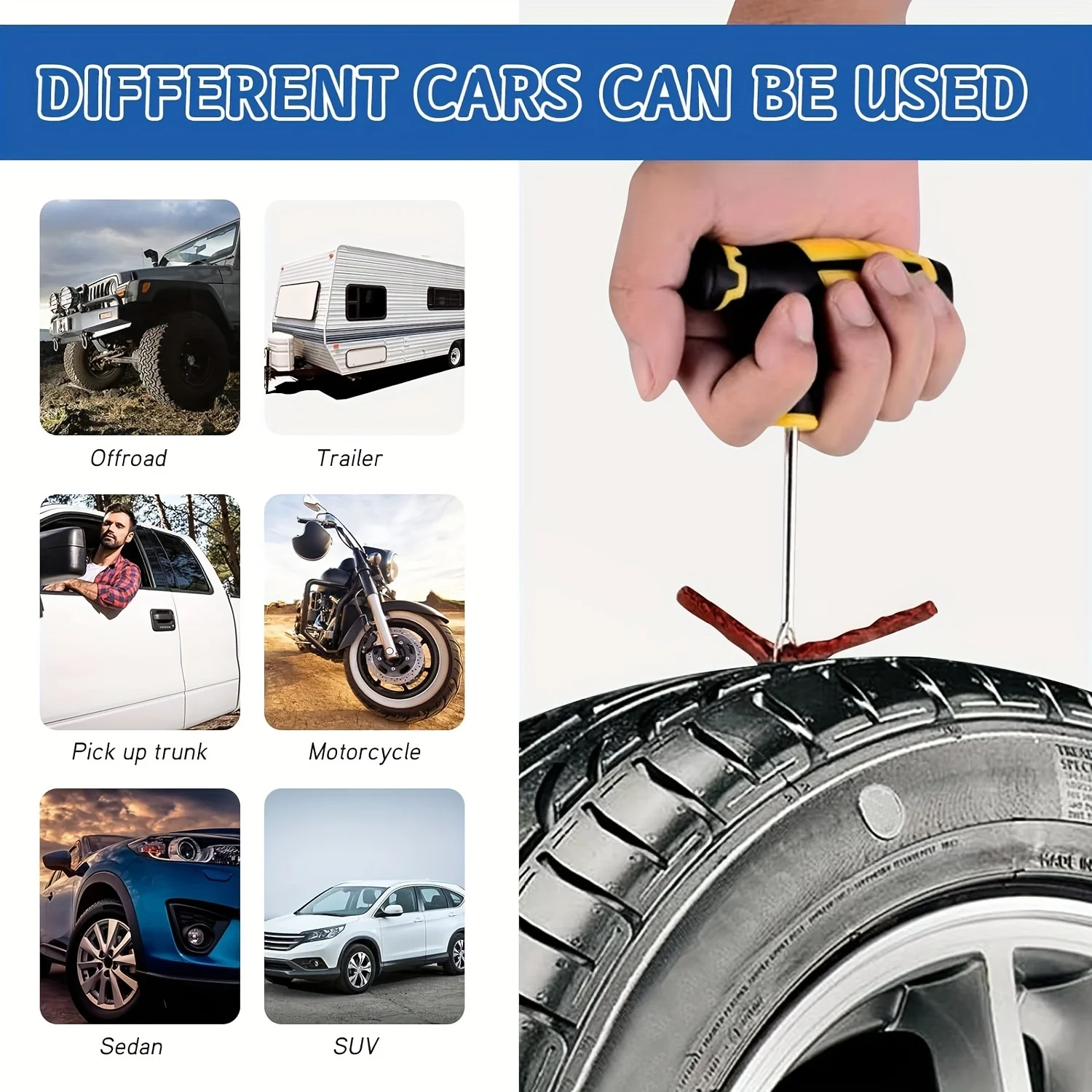 Portable Car Tire Puncture Repair Kit T-Handle Tools Glue Strips Universal for Truck Motorcycle RV Roadside Safety thumbnail 2