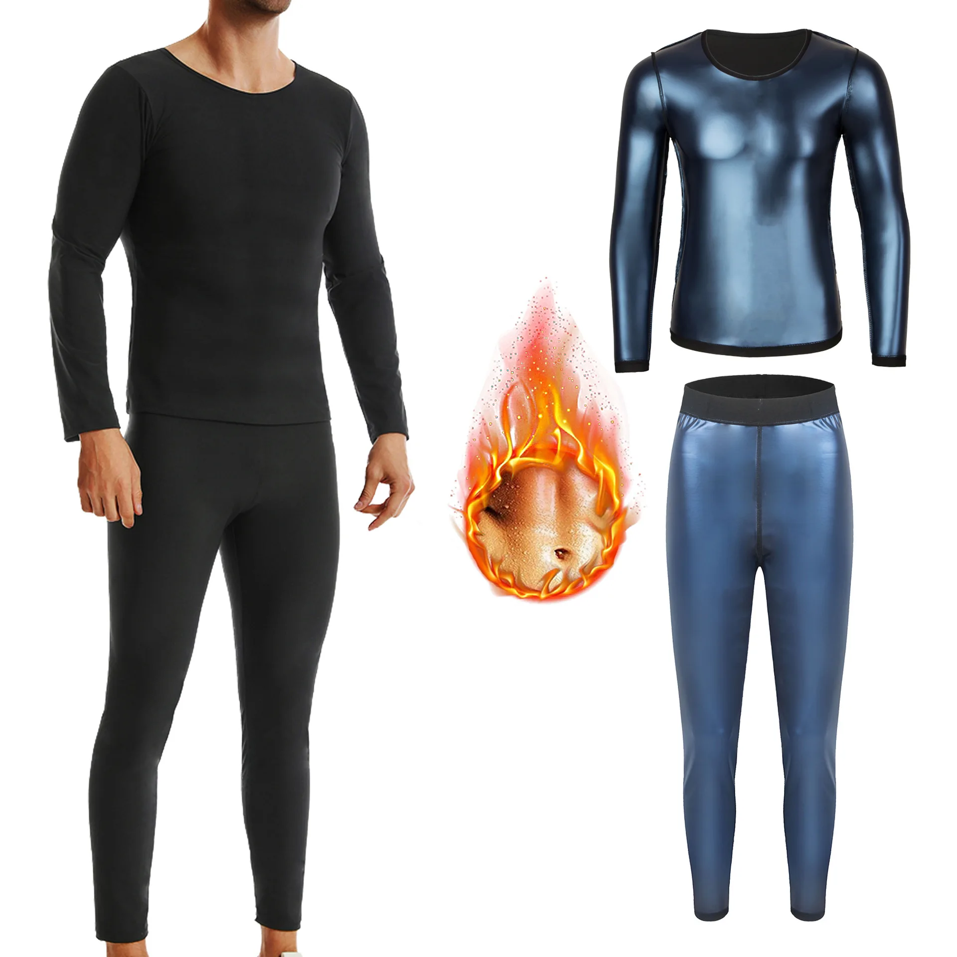 Men's Shapewear Sweat-Promoting Silver PU Tight-Fitting Long-Sleeve Sauna Suit Abdomen-Including Sports Top Body-Sculpting Set thumbnail 4