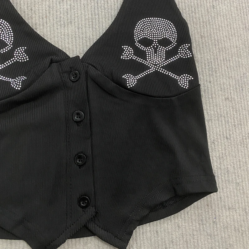 Y2K rhinestone skull neck short jacket | Gothic style sleeveless sexy spice vest thumbnail 6