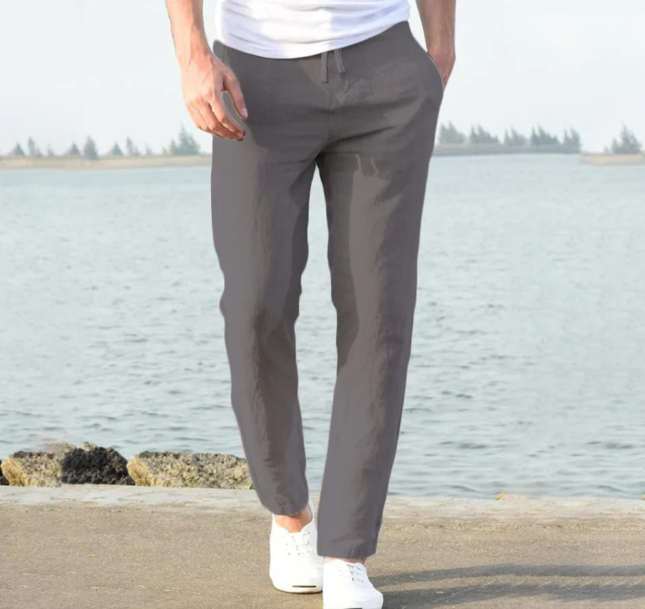 Pantalon en coton pour hommes, jambe droite, léger, respirant, confortable, Style plage, couleur unie, pantalon de survêtement thumbnail 5