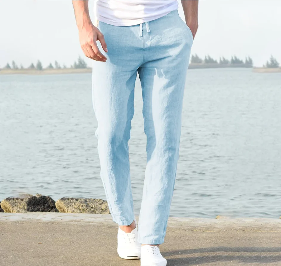 Pantalon en coton pour hommes, jambe droite, léger, respirant, confortable, Style plage, couleur unie, pantalon de survêtement thumbnail 6