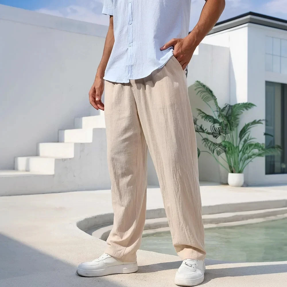 Pantalon en coton pour hommes, jambe droite, léger, respirant, confortable, Style plage, couleur unie, pantalon de survêtement