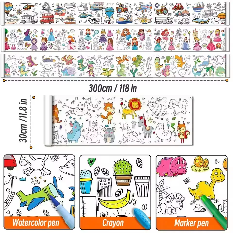 Children's Drawing Kit 3-Meter Long Graffiti Drawing Paper Roll DIY Painting for Students' DIY Doodling Coloring Draw Practice thumbnail 2