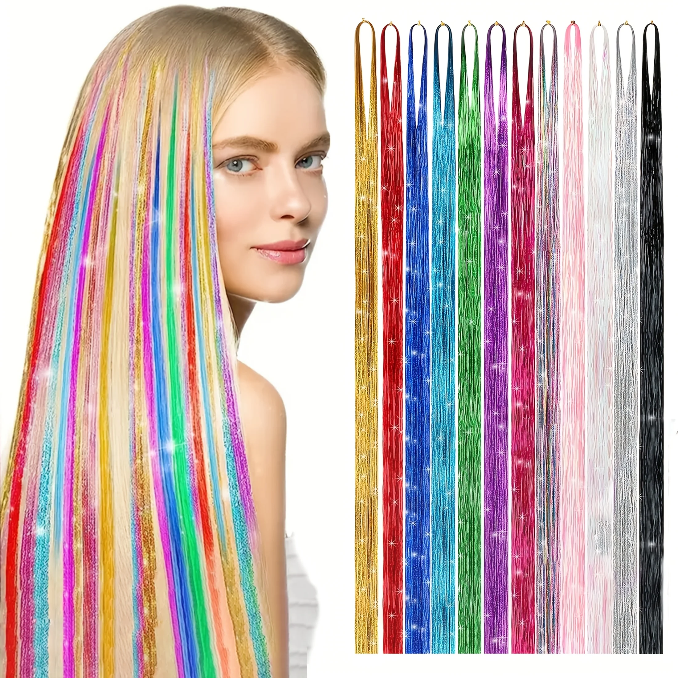 Hair Extensions Kit - 48" Glittery Heat-Resistant Hair Accessories In 12 Colors With Tools, Perfect For Women & Girls - Ideal Fo thumbnail 6