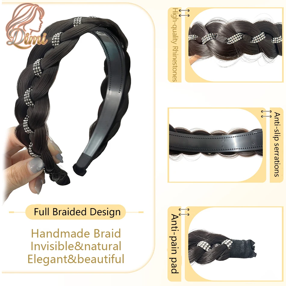 Elegant Braided Synthetic Twist Braided Hairband with Rhinestones Fashion Hand-woven Headband Hair Accessories for Lazy Girls thumbnail 2