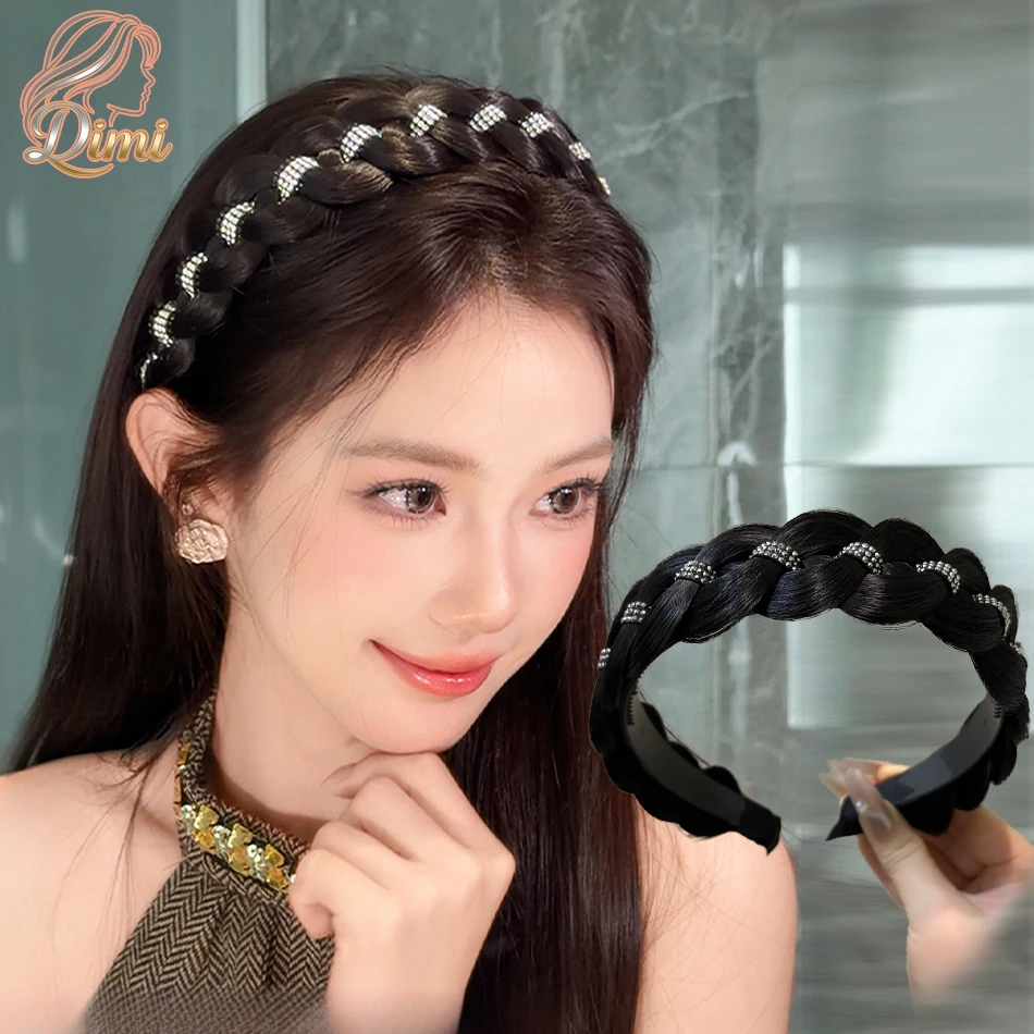 Elegant Braided Synthetic Twist Braided Hairband with Rhinestones Fashion Hand-woven Headband Hair Accessories for Lazy Girls