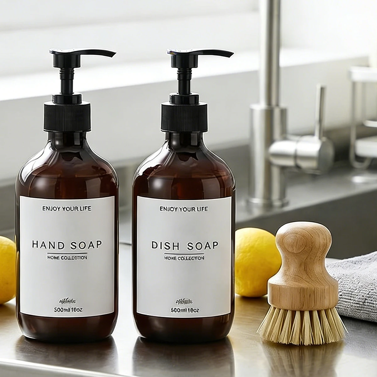Set of 5-500ml Refillable Amber Plastic Pump Bottles Set, Empty Dispensers for Shampoo, Conditioner, Body Wash, Hand Soap, Dish thumbnail 6