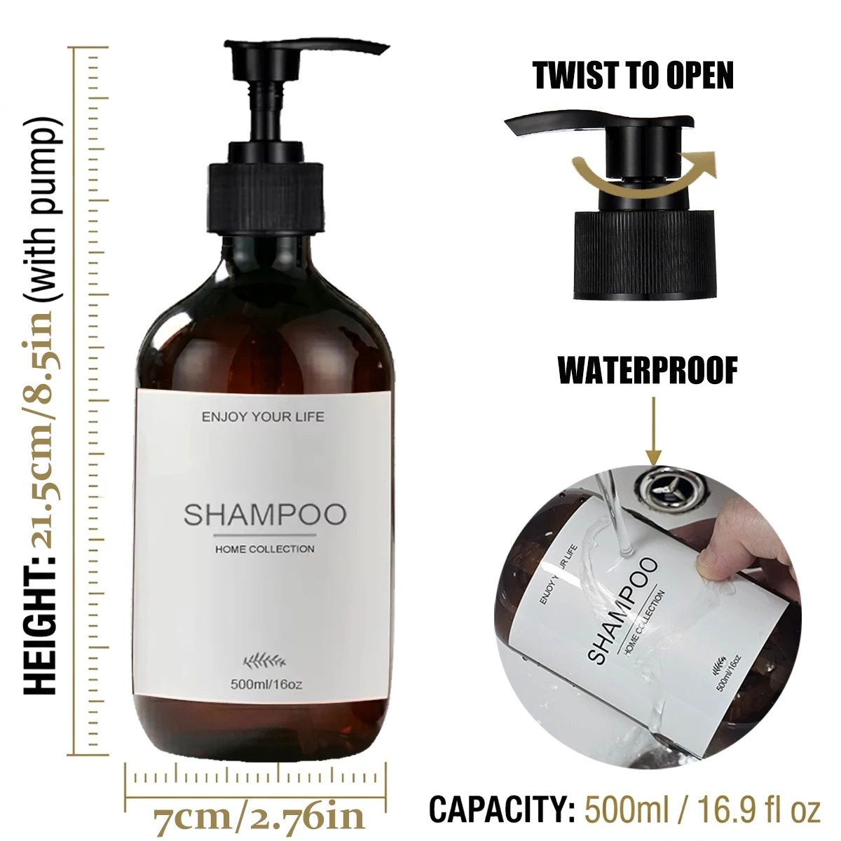 Set of 5-500ml Refillable Amber Plastic Pump Bottles Set, Empty Dispensers for Shampoo, Conditioner, Body Wash, Hand Soap, Dish thumbnail 3