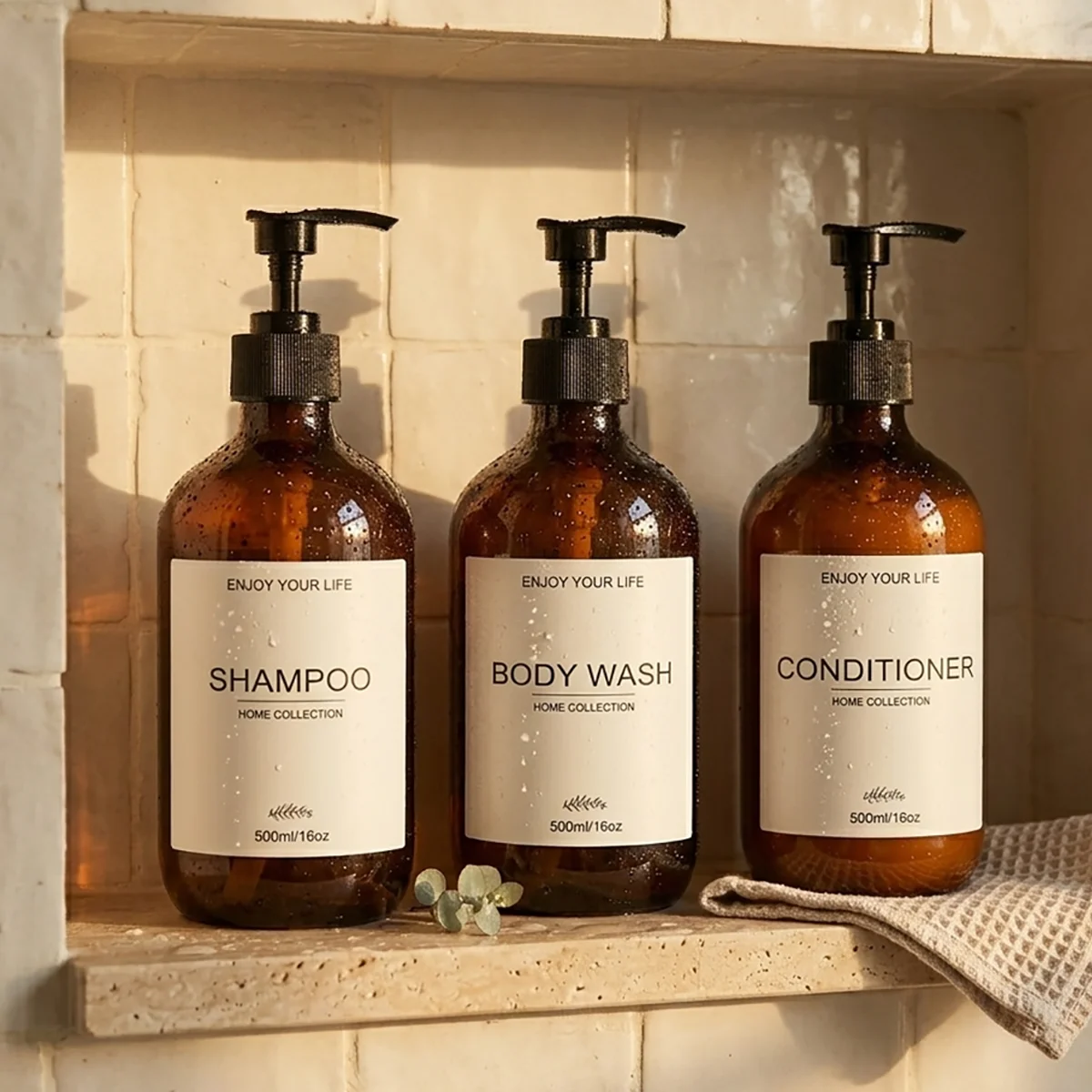 Set of 5-500ml Refillable Amber Plastic Pump Bottles Set, Empty Dispensers for Shampoo, Conditioner, Body Wash, Hand Soap, Dish thumbnail 4