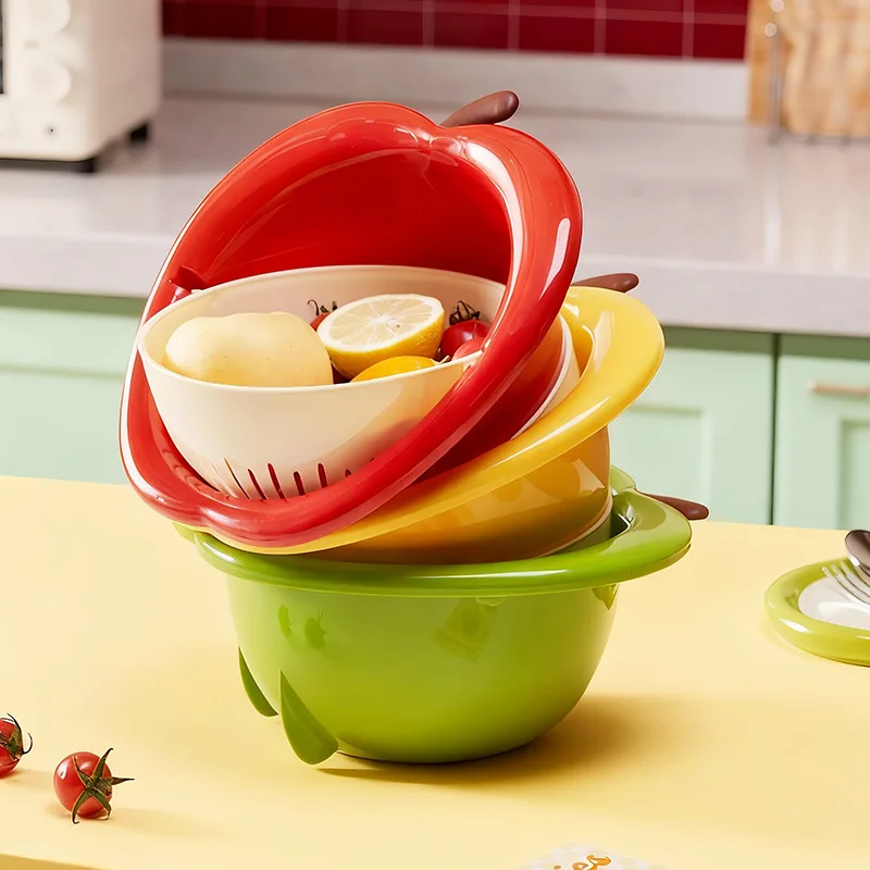Two-In-One Cute Fruit-Shaped Draining Basket, Double-Layer Detachable Water Filter Basket, Creative Apple Design, Available in Red/Yellow/Green, Kitchen Sink Basin for Washing Fruits and Vegetables thumbnail 2