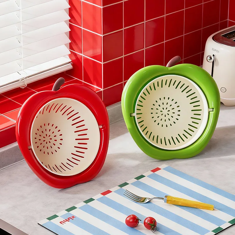 Two-In-One Cute Fruit-Shaped Draining Basket, Double-Layer Detachable Water Filter Basket, Creative Apple Design, Available in Red/Yellow/Green, Kitchen Sink Basin for Washing Fruits and Vegetables thumbnail 3