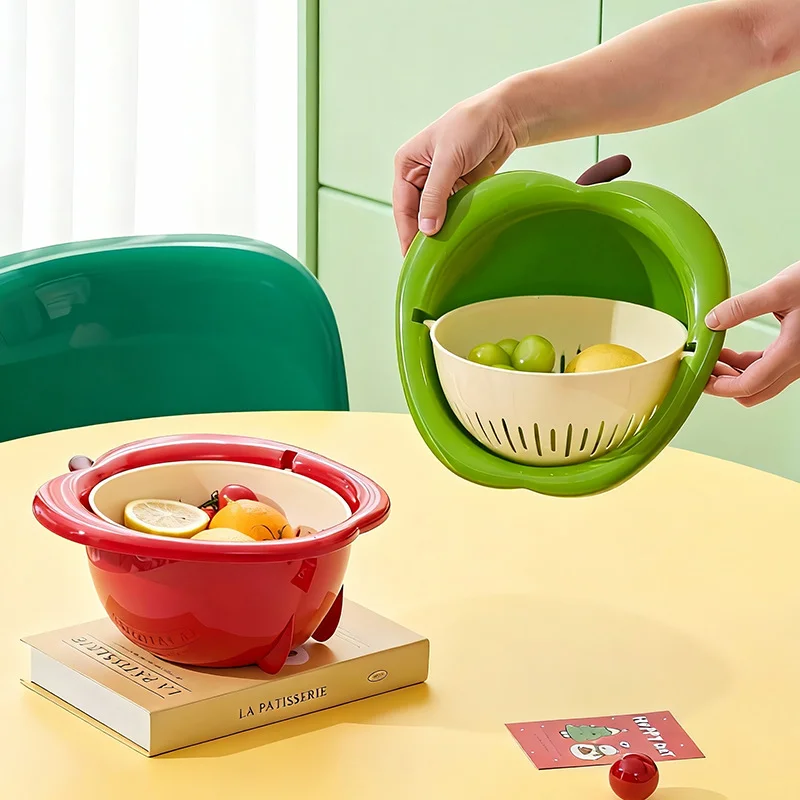 Two-In-One Cute Fruit-Shaped Draining Basket, Double-Layer Detachable Water Filter Basket, Creative Apple Design, Available in Red/Yellow/Green, Kitchen Sink Basin for Washing Fruits and Vegetables thumbnail 5