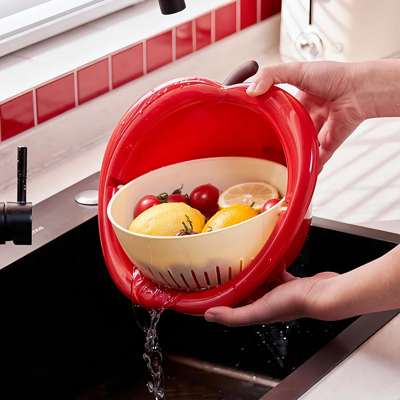 Two-In-One Cute Fruit-Shaped Draining Basket, Double-Layer Detachable Water Filter Basket, Creative Apple Design, Available in Red/Yellow/Green, Kitchen Sink Basin for Washing Fruits and Vegetables thumbnail 4