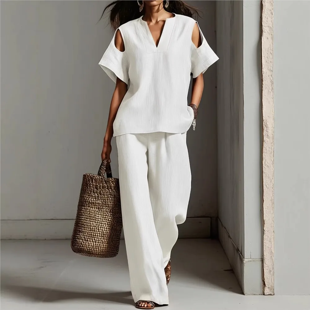 Summer V-neck T-shirt Hollow Short-sleeved Women Top Suit Casual Loose Retro Fashion Female Office Wide-leg Trousers 2 Piece Set thumbnail 5