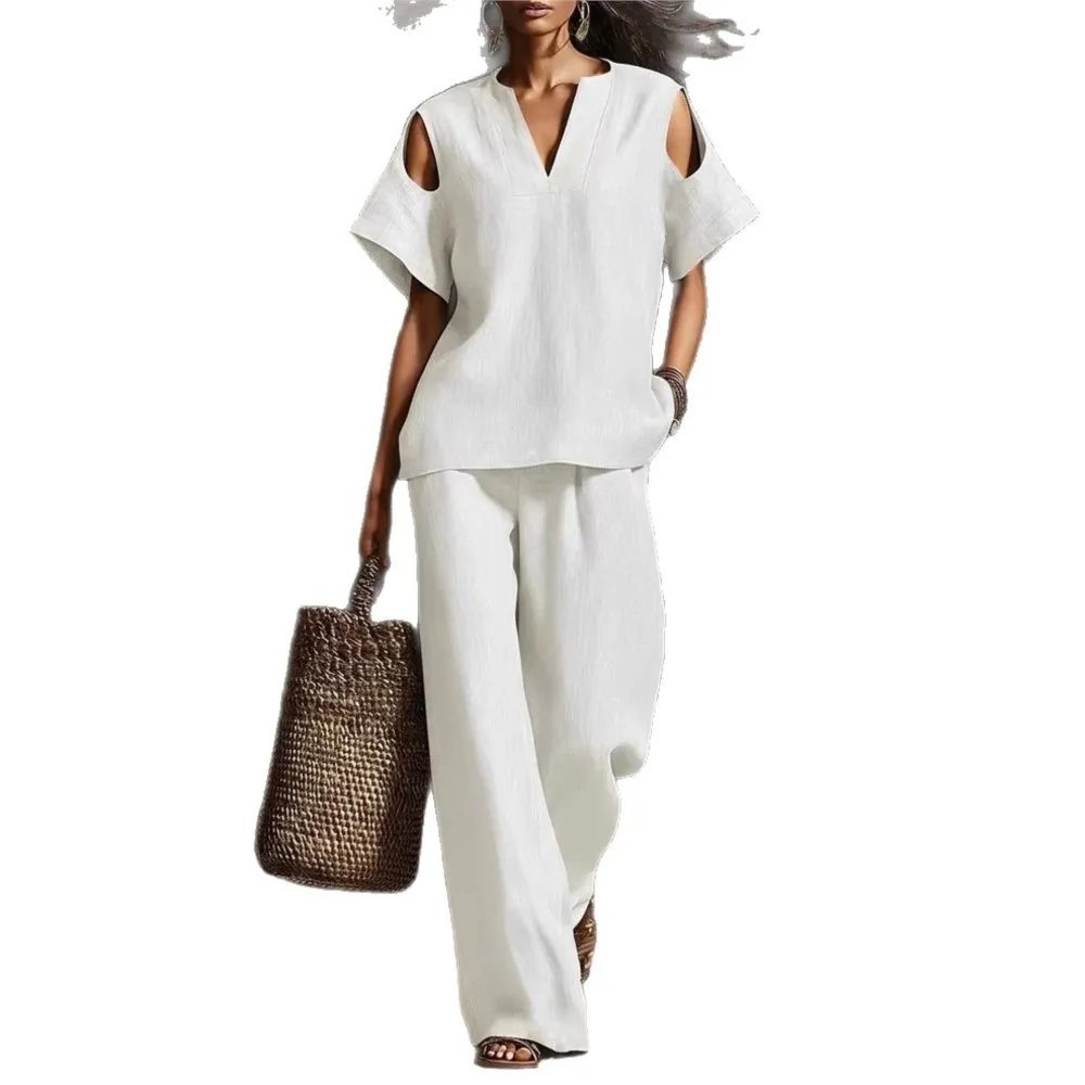 Summer V-neck T-shirt Hollow Short-sleeved Women Top Suit Casual Loose Retro Fashion Female Office Wide-leg Trousers 2 Piece Set thumbnail 6