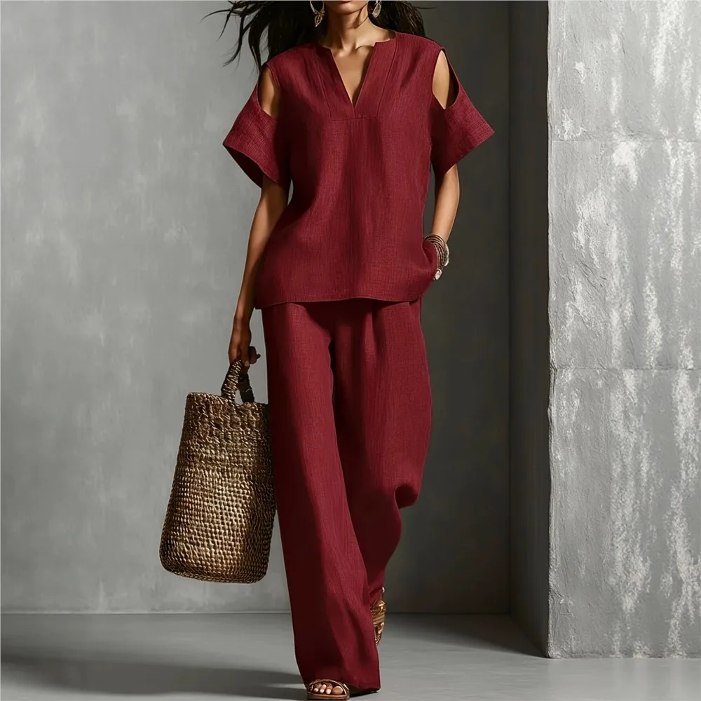 Summer V-neck T-shirt Hollow Short-sleeved Women Top Suit Casual Loose Retro Fashion Female Office Wide-leg Trousers 2 Piece Set thumbnail 2