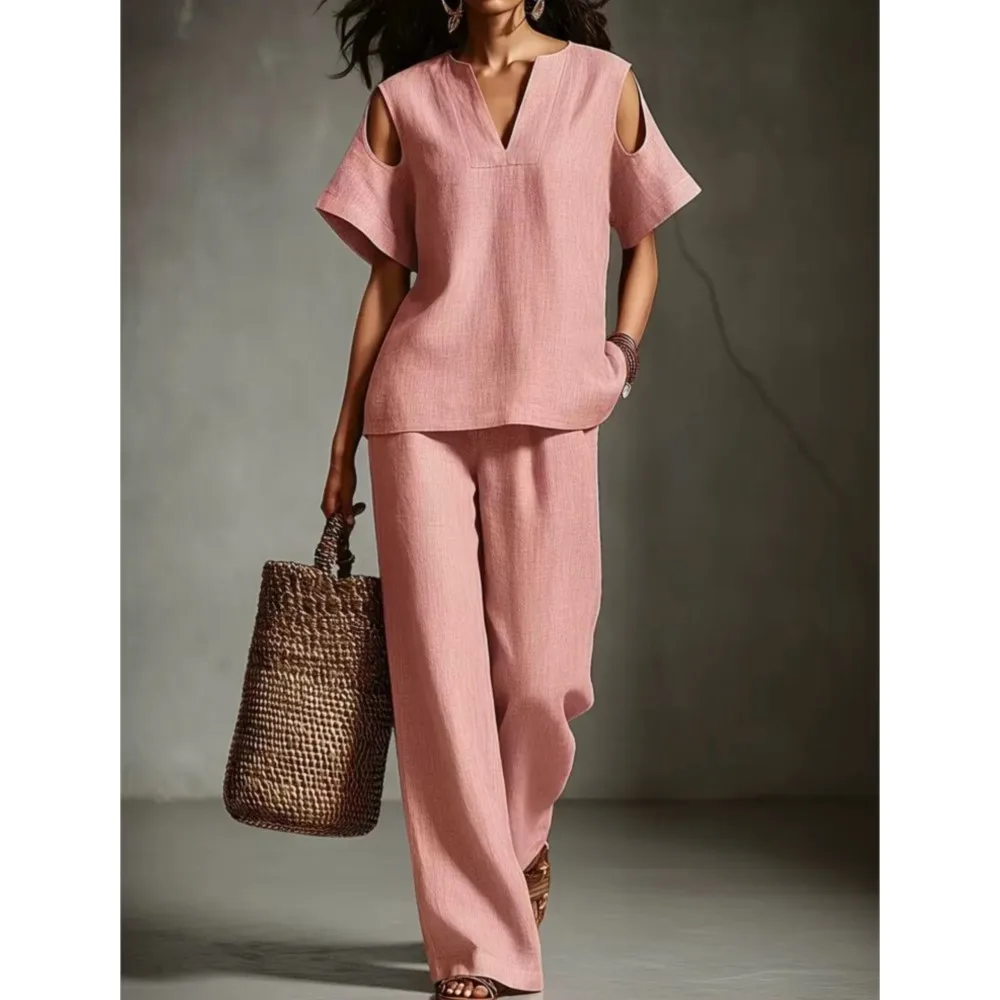 Summer V-neck T-shirt Hollow Short-sleeved Women Top Suit Casual Loose Retro Fashion Female Office Wide-leg Trousers 2 Piece Set thumbnail 3