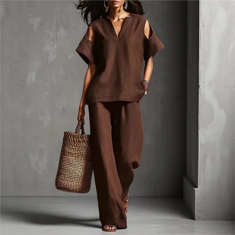 Summer V-neck T-shirt Hollow Short-sleeved Women Top Suit Casual Loose Retro Fashion Female Office Wide-leg Trousers 2 Piece Set thumbnail 4