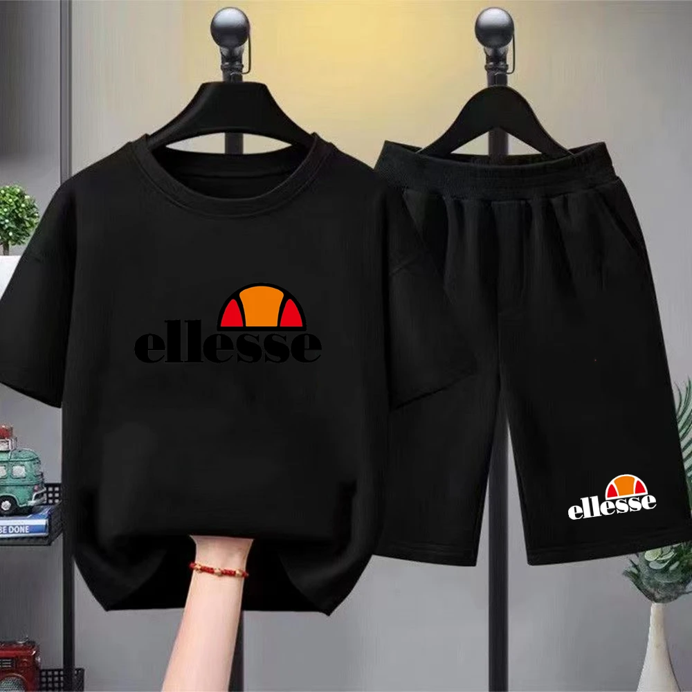 Kids Summer Boy Girl Round Neck T-shirt+Shorts Short-sleeved Toddler 3-12Y black Casual Sports Set Fashion Letter brand print thumbnail 2