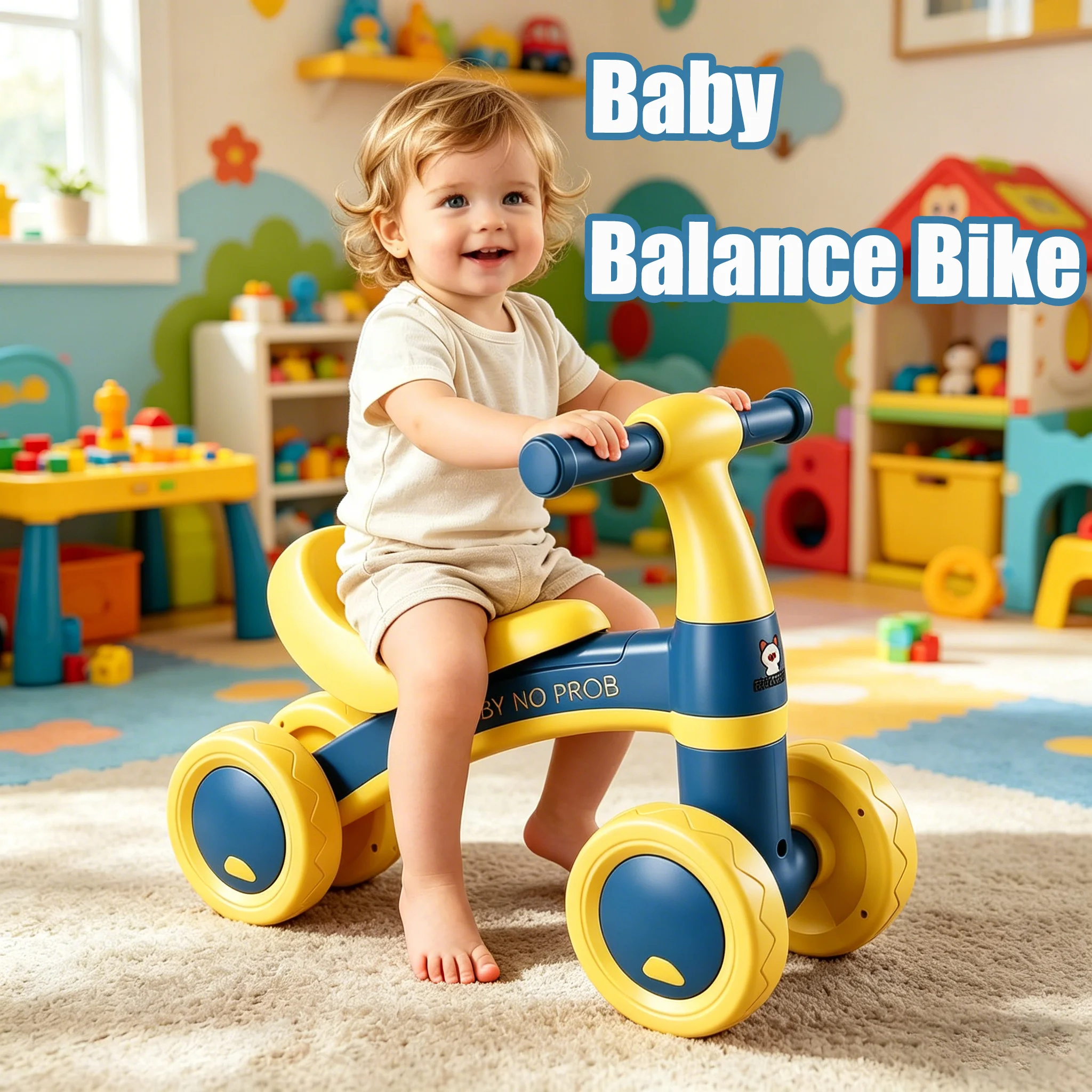 Baby Balance Bike Ages 1-5 4-Wheel Silent Glider Walker Toy Toddler Training Ride-On with Safety Wheels Anti-tip Indoor Outdoor
