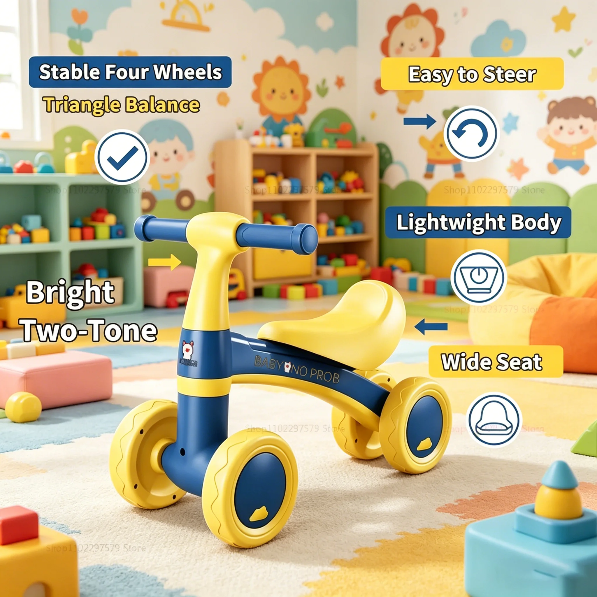 Baby Balance Bike Ages 1-5 4-Wheel Silent Glider Walker Toy Toddler Training Ride-On with Safety Wheels Anti-tip Indoor Outdoor thumbnail 5