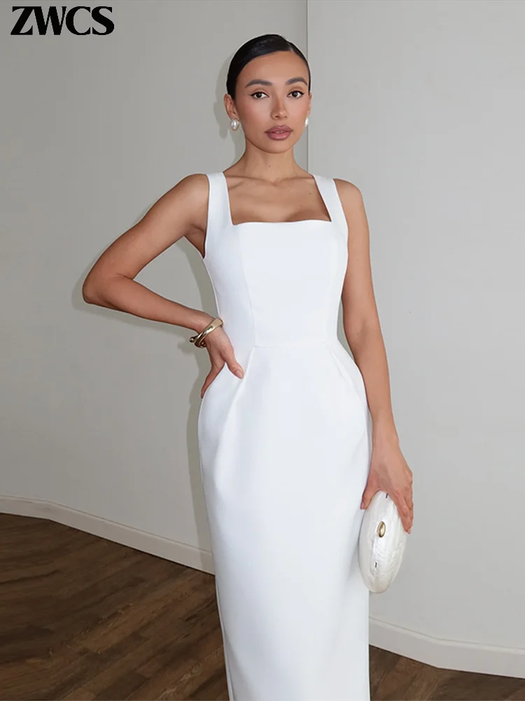 Elegant Shawl Dresses 2 Pieces Set 2026 Summer Ladies White Waist-cinching Square Collar Sleeveless Robes Women's Slim Outfits thumbnail 5