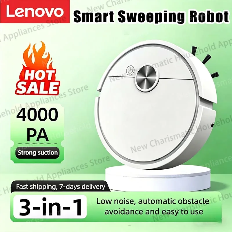 Lenovo New 3 in 1 Smart Sweeping Robot Vacuum Cleaner 4000Pa Strong Suction For Bedroom Living Room Hard Floors Pet Hair Clean