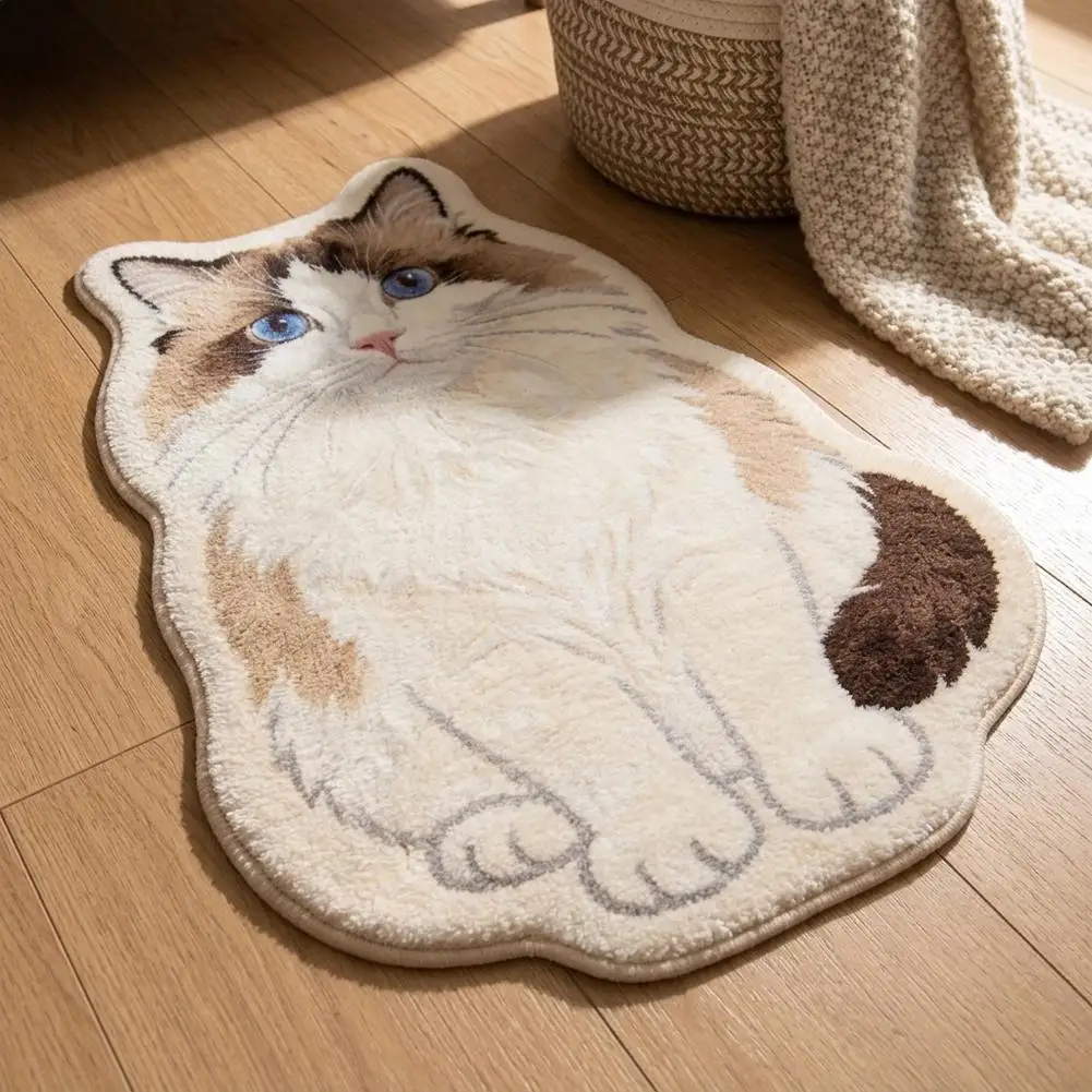 Cute Cat Shaped Irregular Rug, Soft Plush Polyester Floor Mat, Non Slip Decorative Bedroom Bedside Carpet For Cat Lovers Home thumbnail 3