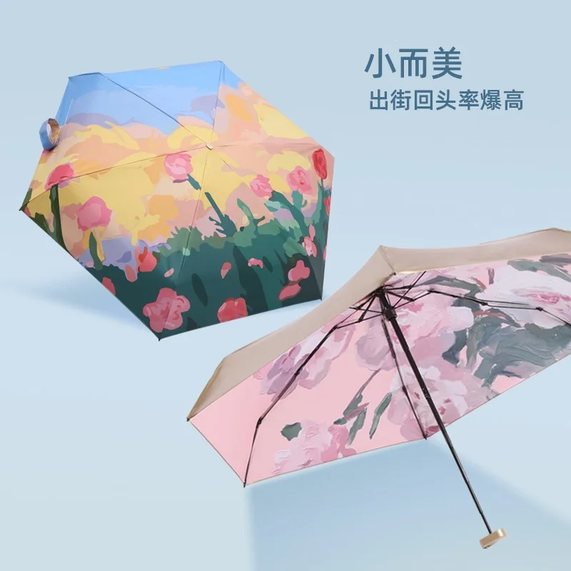 Art Oil Painting Print Umbrella Flat 6-Fold Ultra-Light Sun Shade UV Protection Compact Umbrella for Women Travel & Daily Use thumbnail 5