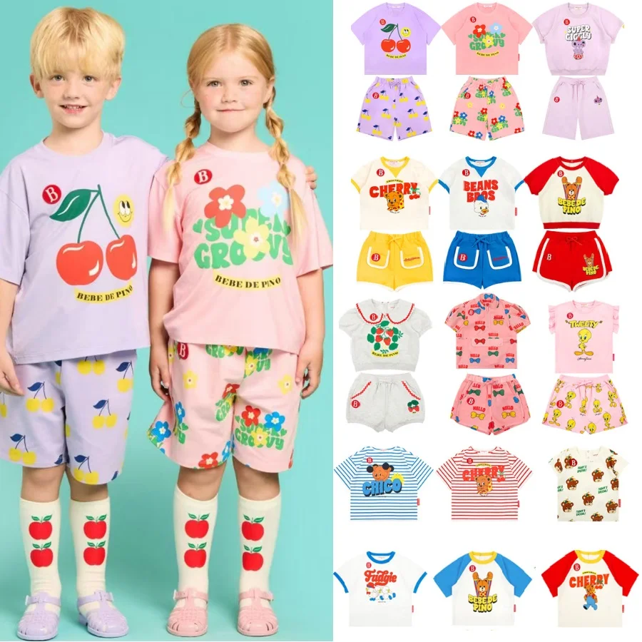 Boys And Girls T-shirt 2026 Summer New Print Fashionable Casual Children's Short Sleeved Shorts Set Pure Cotton Cute Sweet Dress