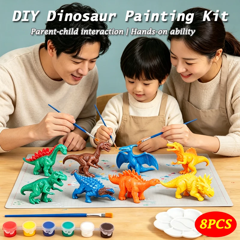 8Pcs DIY Dinosaur Painting Kit Unpainted Dinosaur Art Craft Coloring Toy with Paint Tools Creative Handmade Toy for Boys Girls