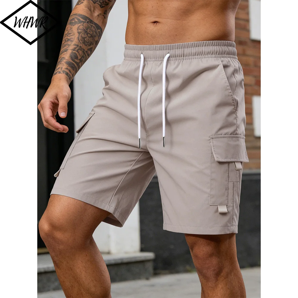 Summer Men's Cargo Shorts Solid Color Waist Drawstring Casual Shorts Men Sports Fitness Training Multi-Pocket Shorts Clothing