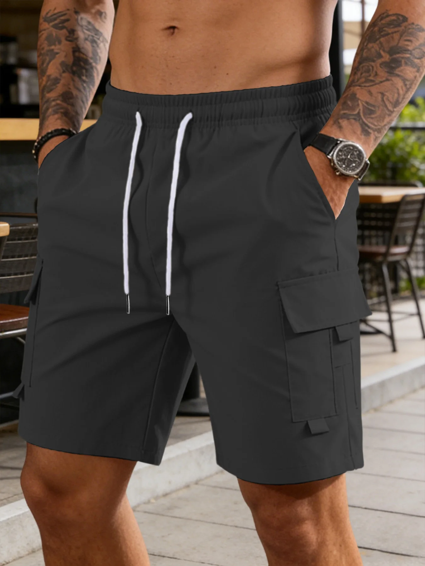 Summer Men's Cargo Shorts Solid Color Waist Drawstring Casual Shorts Men Sports Fitness Training Multi-Pocket Shorts Clothing thumbnail 6
