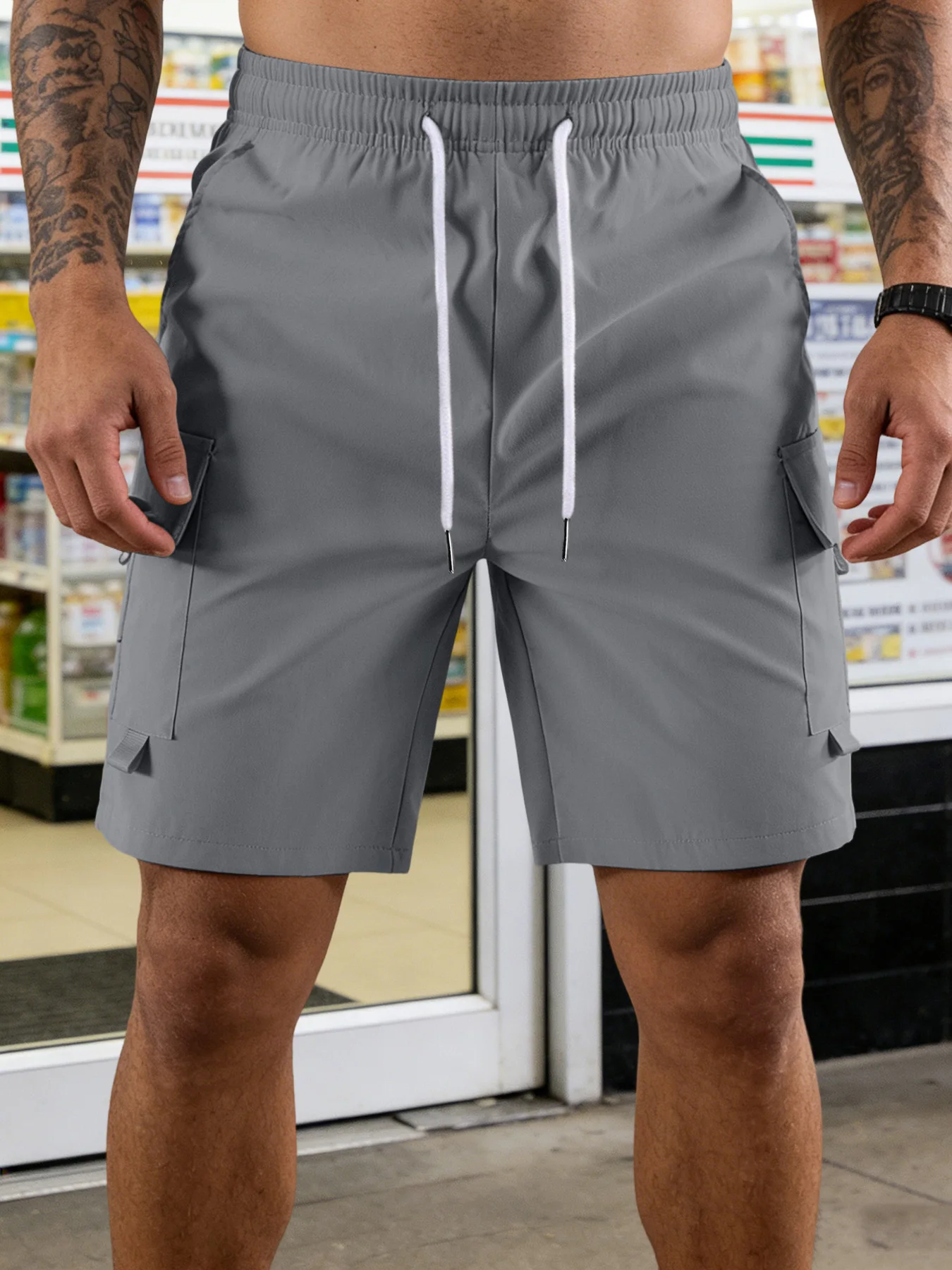 Summer Men's Cargo Shorts Solid Color Waist Drawstring Casual Shorts Men Sports Fitness Training Multi-Pocket Shorts Clothing thumbnail 4
