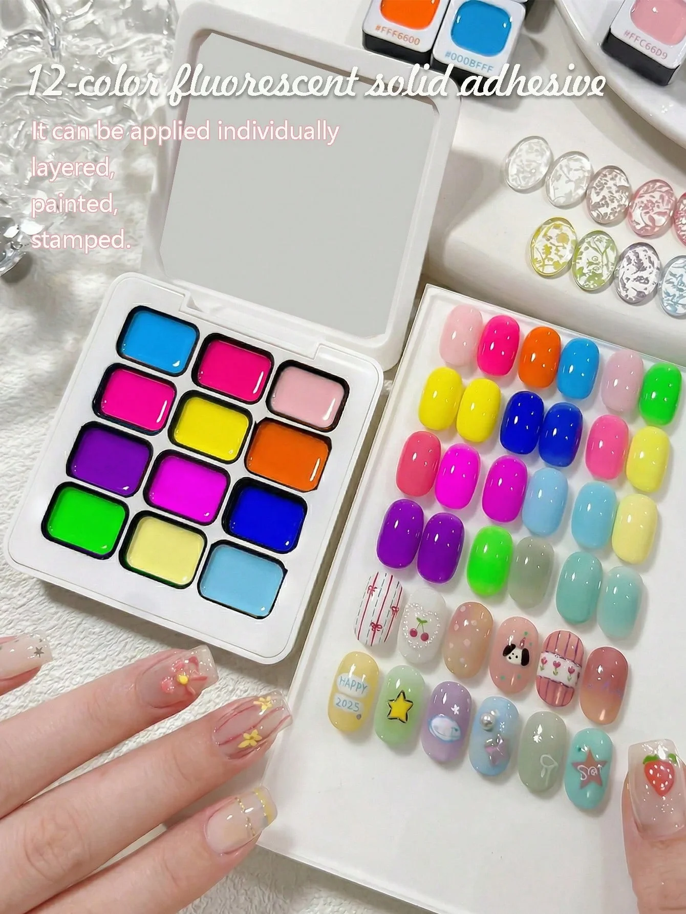 12-color fluorescent solid gel polish, gradient blush gel polish, UV nail gel, DIY nail art charm