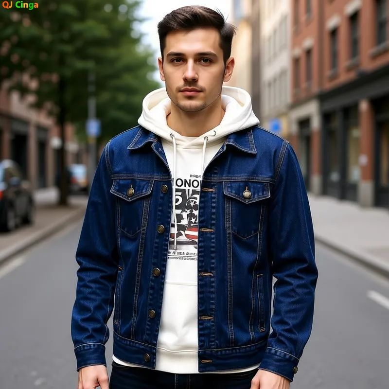 2026 Men's Dark Blue Denim Jacket, Black Single-breasted Lapel Coat, Fashionable Casual Tops.