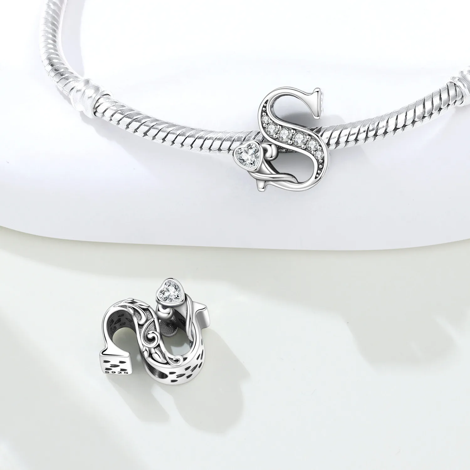 2026 New 925 Sterling Silver Zircon Scroll Heart Pattern 26 Letter Bead Charms for Women Fit DIY Bracelet Necklace Jewelry Gift thumbnail 2