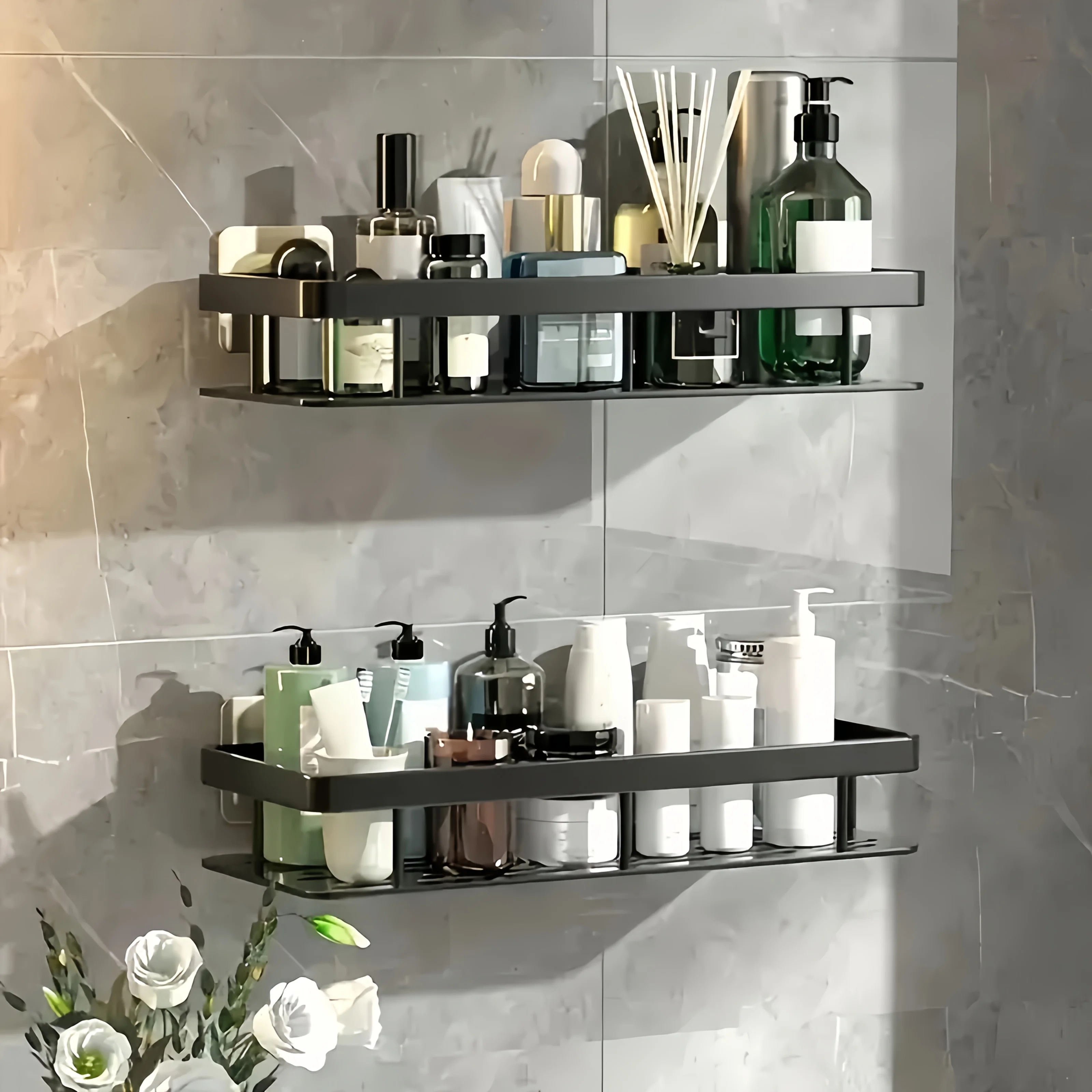 No Drill Wall Mount Shower Rack Large Capacity Bathroom Shelf Easy Install for Cosmetics Storage Space Saver thumbnail 4