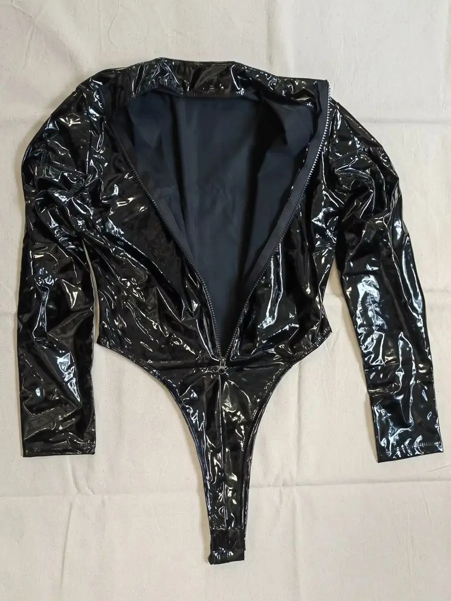 M-4XL Long Sleeve Wet Look PVC Catsuit Shiny PU Leather Bodysuit Tights High Cut Body Teddies Cosplay Tshirt Top Leotard Unitard thumbnail 3