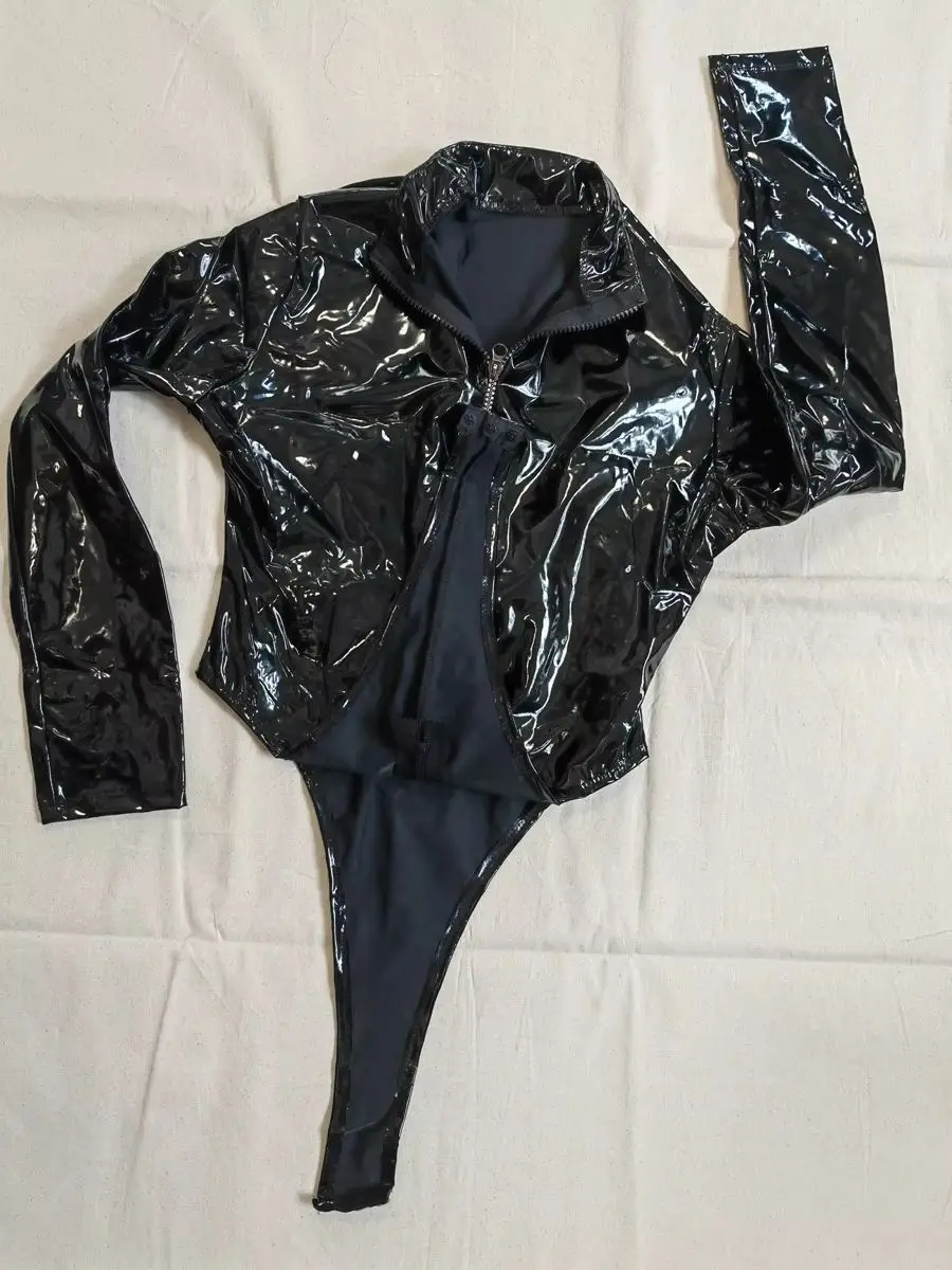 M-4XL Long Sleeve Wet Look PVC Catsuit Shiny PU Leather Bodysuit Tights High Cut Body Teddies Cosplay Tshirt Top Leotard Unitard thumbnail 5