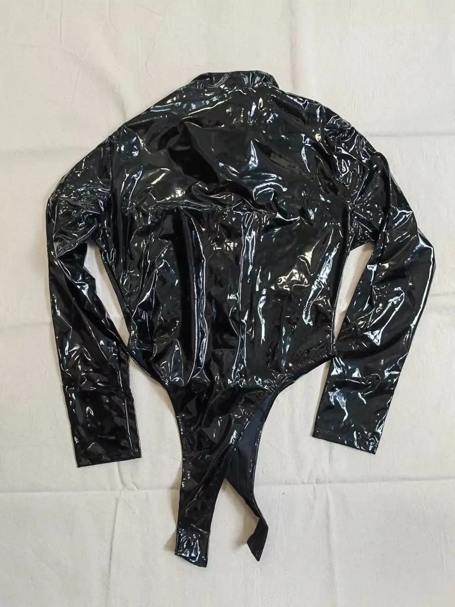 M-4XL Long Sleeve Wet Look PVC Catsuit Shiny PU Leather Bodysuit Tights High Cut Body Teddies Cosplay Tshirt Top Leotard Unitard thumbnail 2