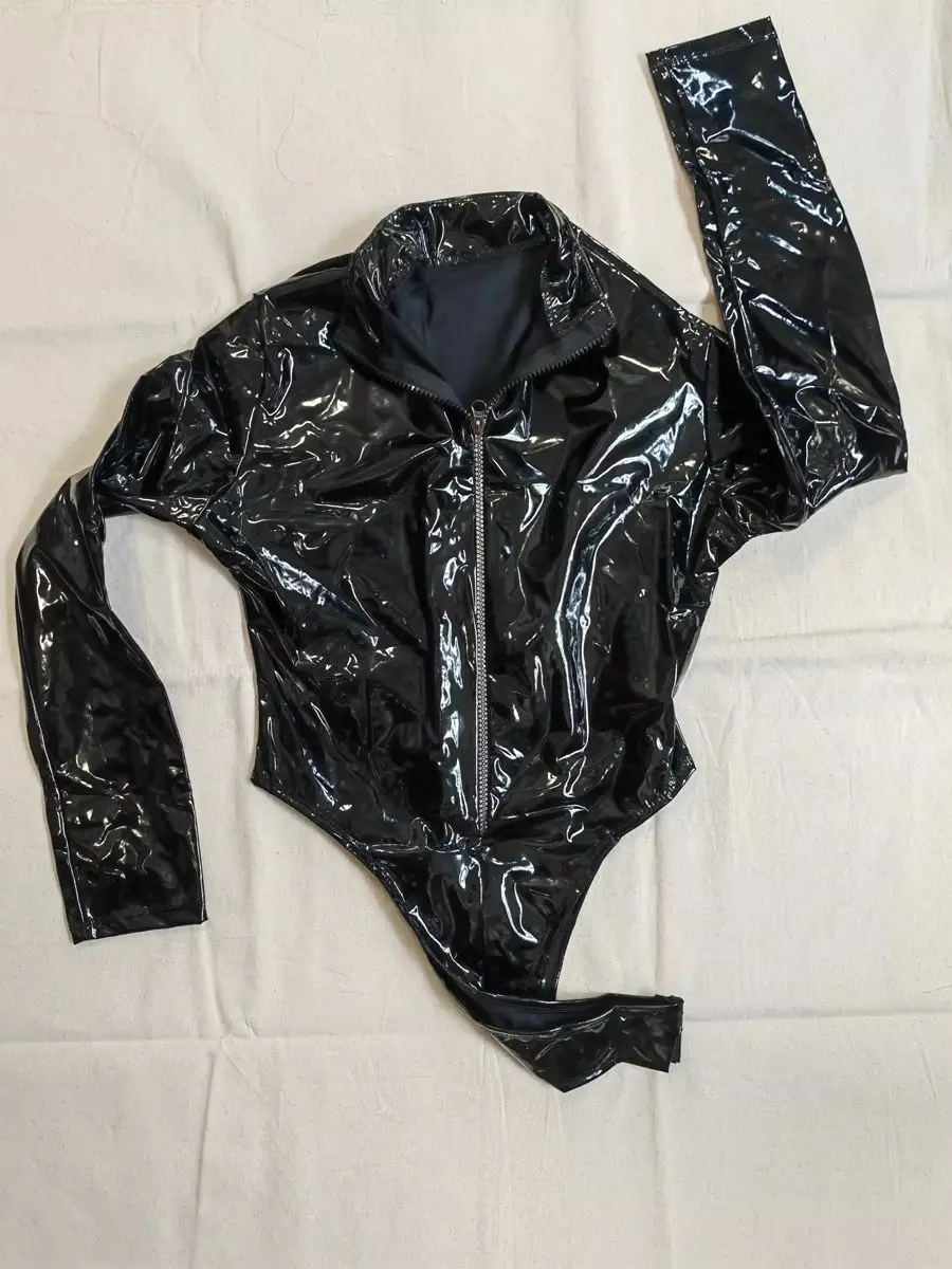 M-4XL Long Sleeve Wet Look PVC Catsuit Shiny PU Leather Bodysuit Tights High Cut Body Teddies Cosplay Tshirt Top Leotard Unitard thumbnail 4