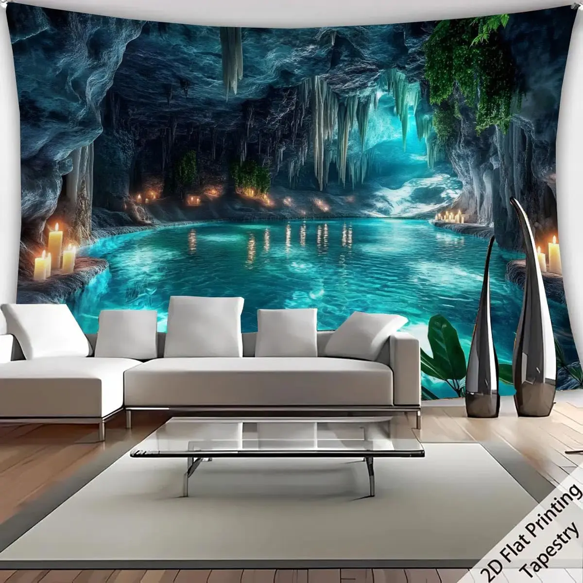 Nature Karst Cave Waterfall Tapestry Sunshine Wonderland Cave Sky Blue Water Landscape Wall Hanging Backdrop for Home Decor thumbnail 5