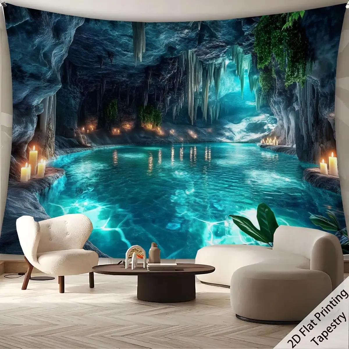 Nature Karst Cave Waterfall Tapestry Sunshine Wonderland Cave Sky Blue Water Landscape Wall Hanging Backdrop for Home Decor thumbnail 4