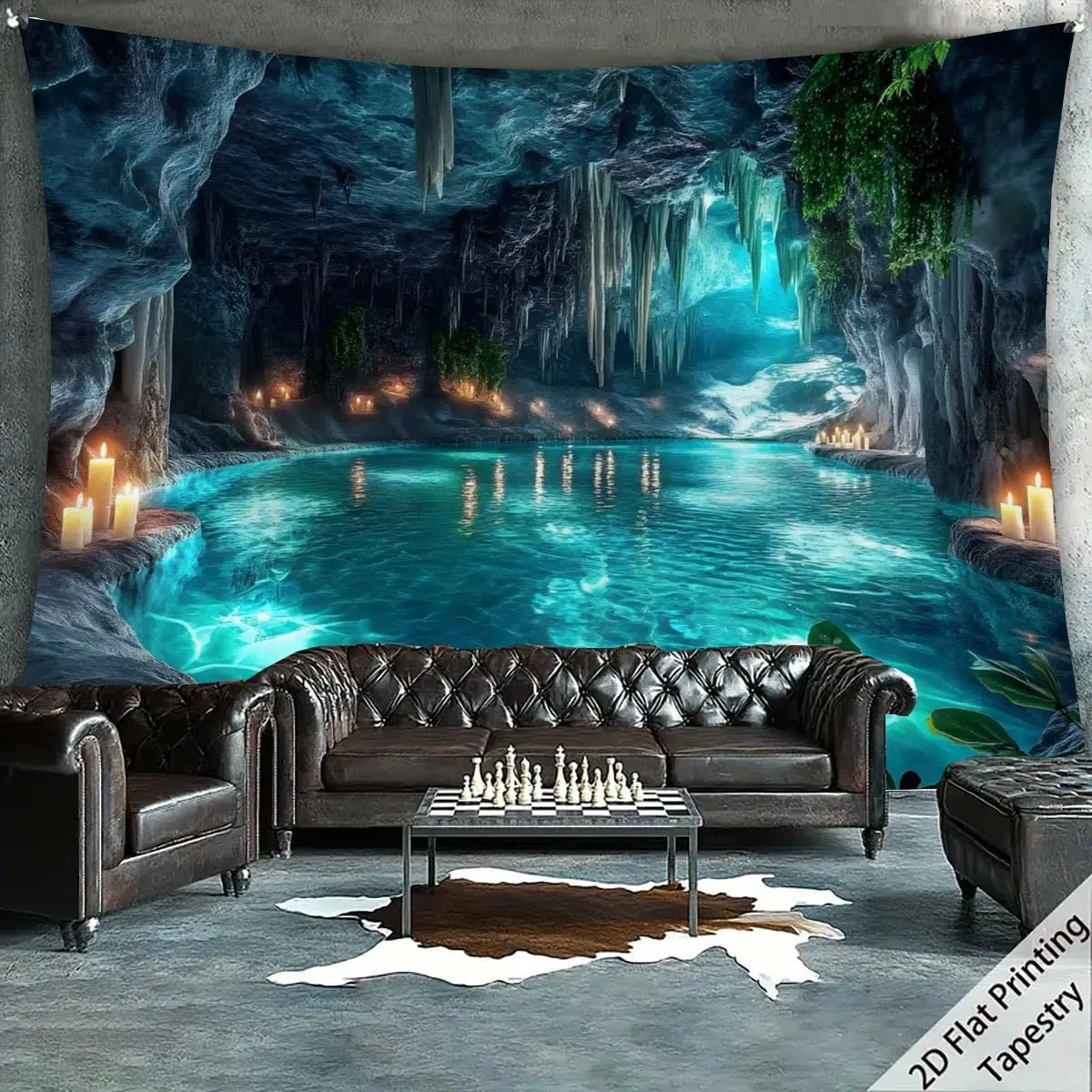 Nature Karst Cave Waterfall Tapestry Sunshine Wonderland Cave Sky Blue Water Landscape Wall Hanging Backdrop for Home Decor thumbnail 3